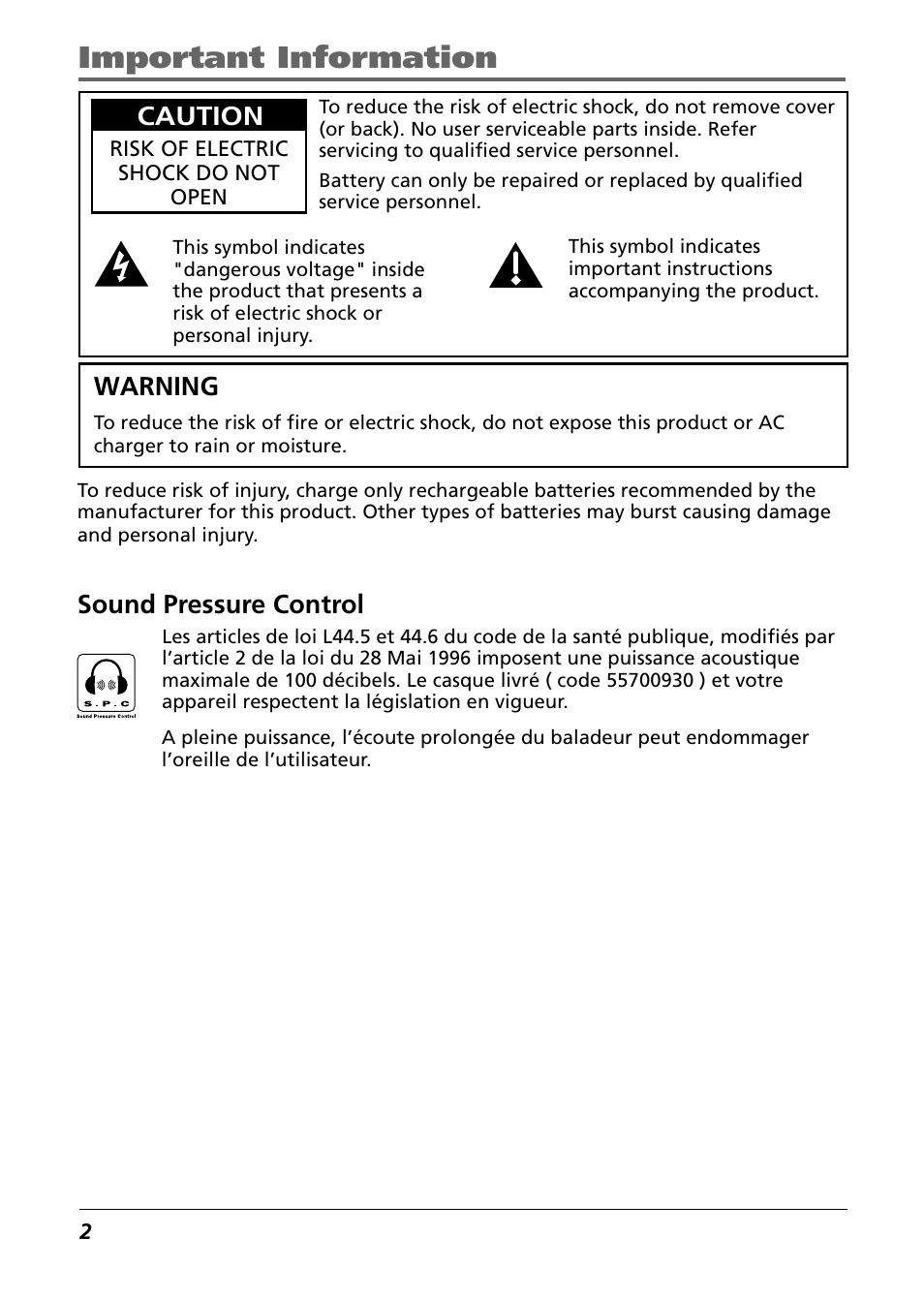 Important information, Warning, Caution | Sound pressure control | Technicolor - Thomson Thomson Lyra PDP2842 User Manual | Page 2 / 75