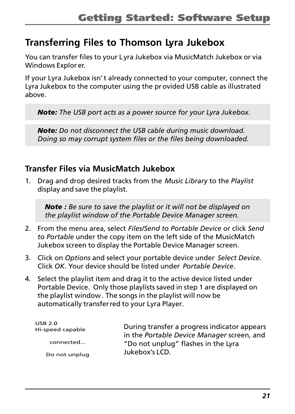 Transferring files to thomson lyra jukebox, Transfer files via musicmatch jukebox, Getting started: software setup | Technicolor - Thomson Thomson Lyra PDP2842 User Manual | Page 21 / 75