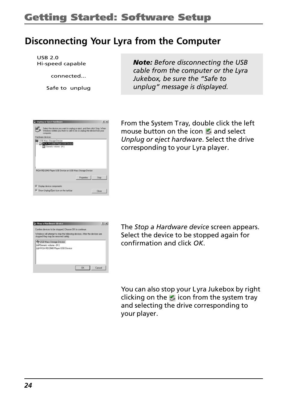 Disconnecting your lyra from the computer, Getting started: software setup | Technicolor - Thomson Thomson Lyra PDP2842 User Manual | Page 24 / 75