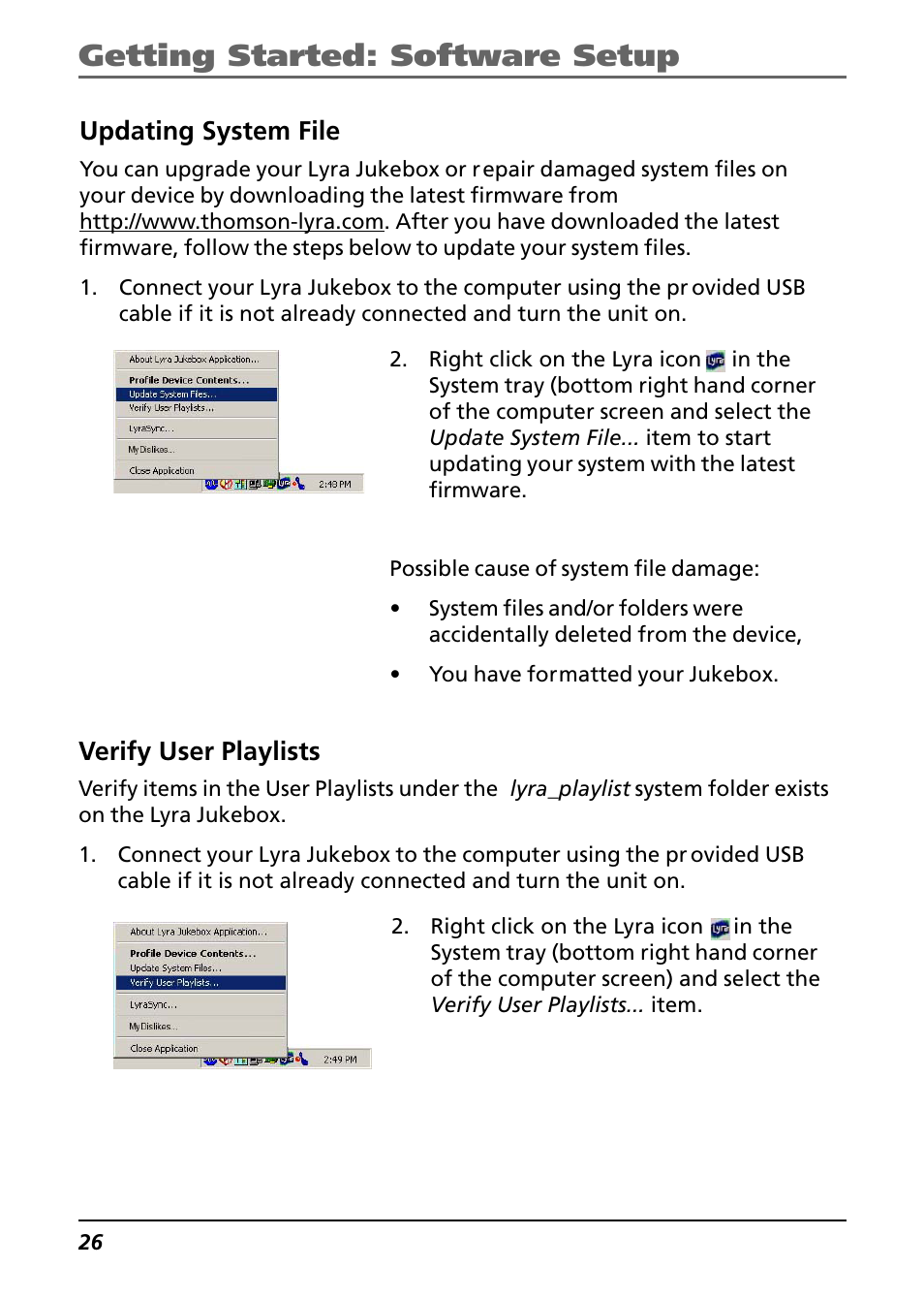 Verify user playlists, Updating system file, Getting started: software setup | Technicolor - Thomson Thomson Lyra PDP2842 User Manual | Page 26 / 75
