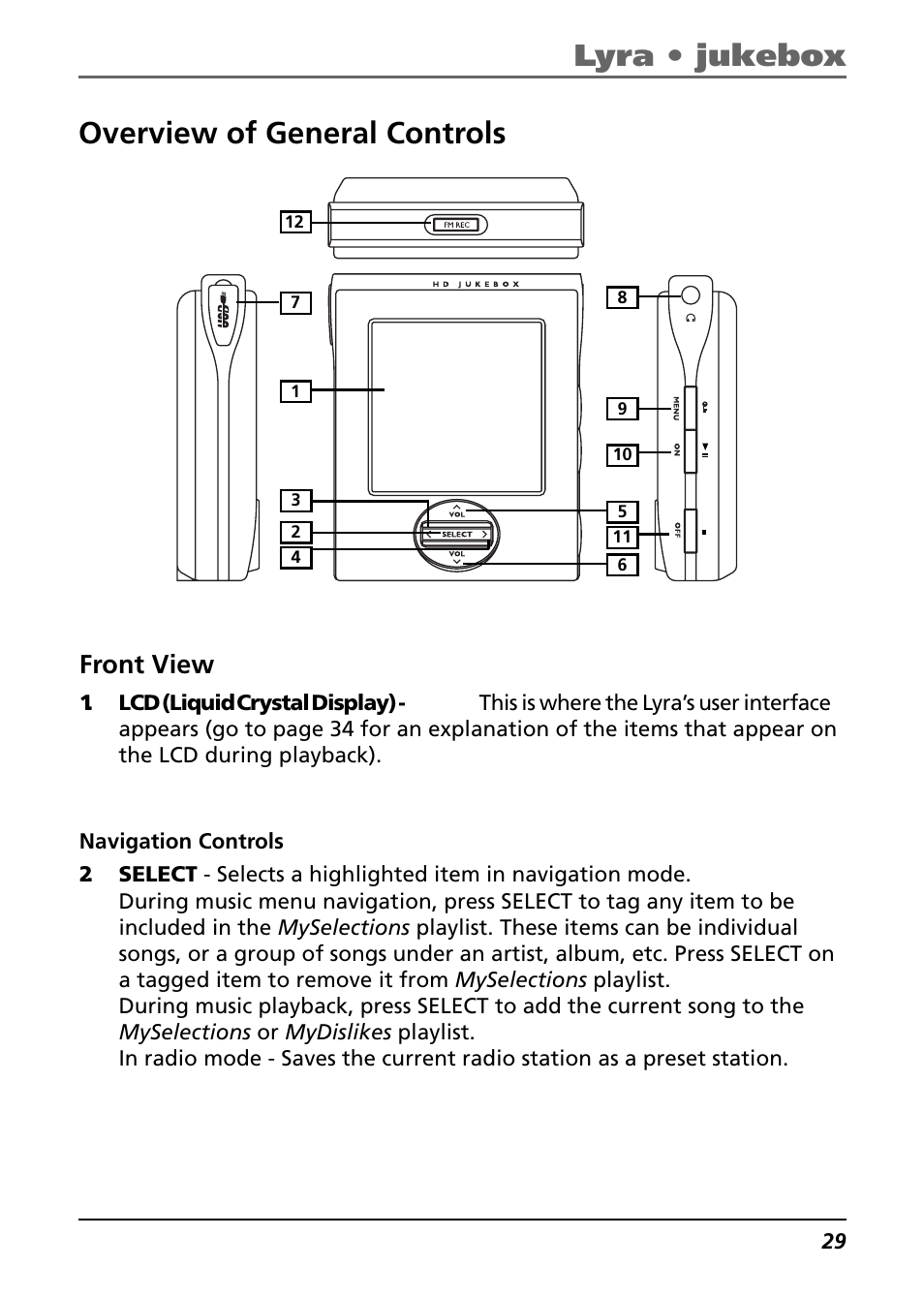 Overview of general controls, Front view, Navigation controls | Lyra • jukebox | Technicolor - Thomson Thomson Lyra PDP2842 User Manual | Page 29 / 75