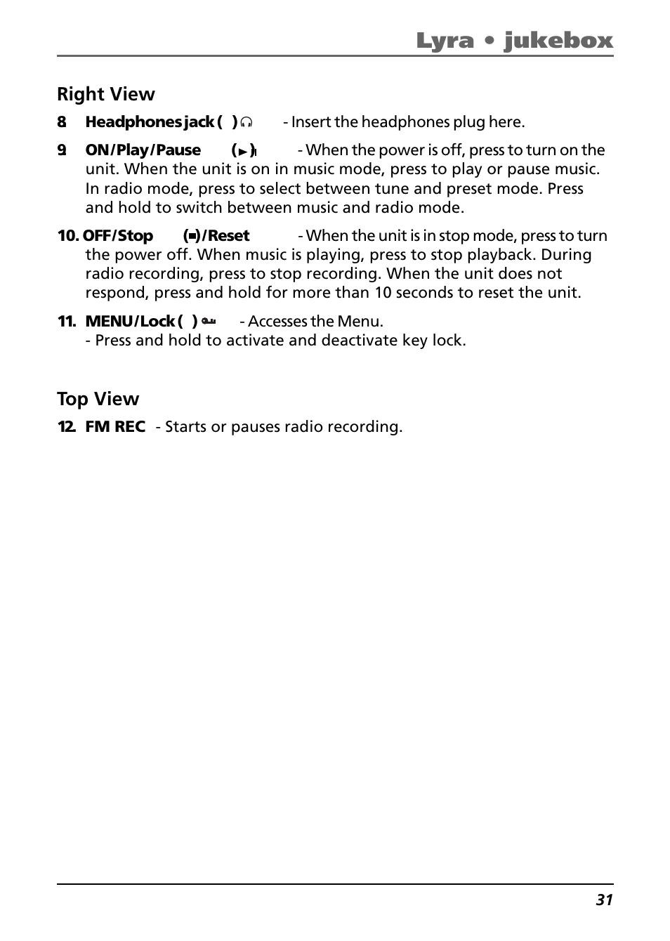 Right view, Top view, Lyra • jukebox | Technicolor - Thomson Thomson Lyra PDP2842 User Manual | Page 31 / 75