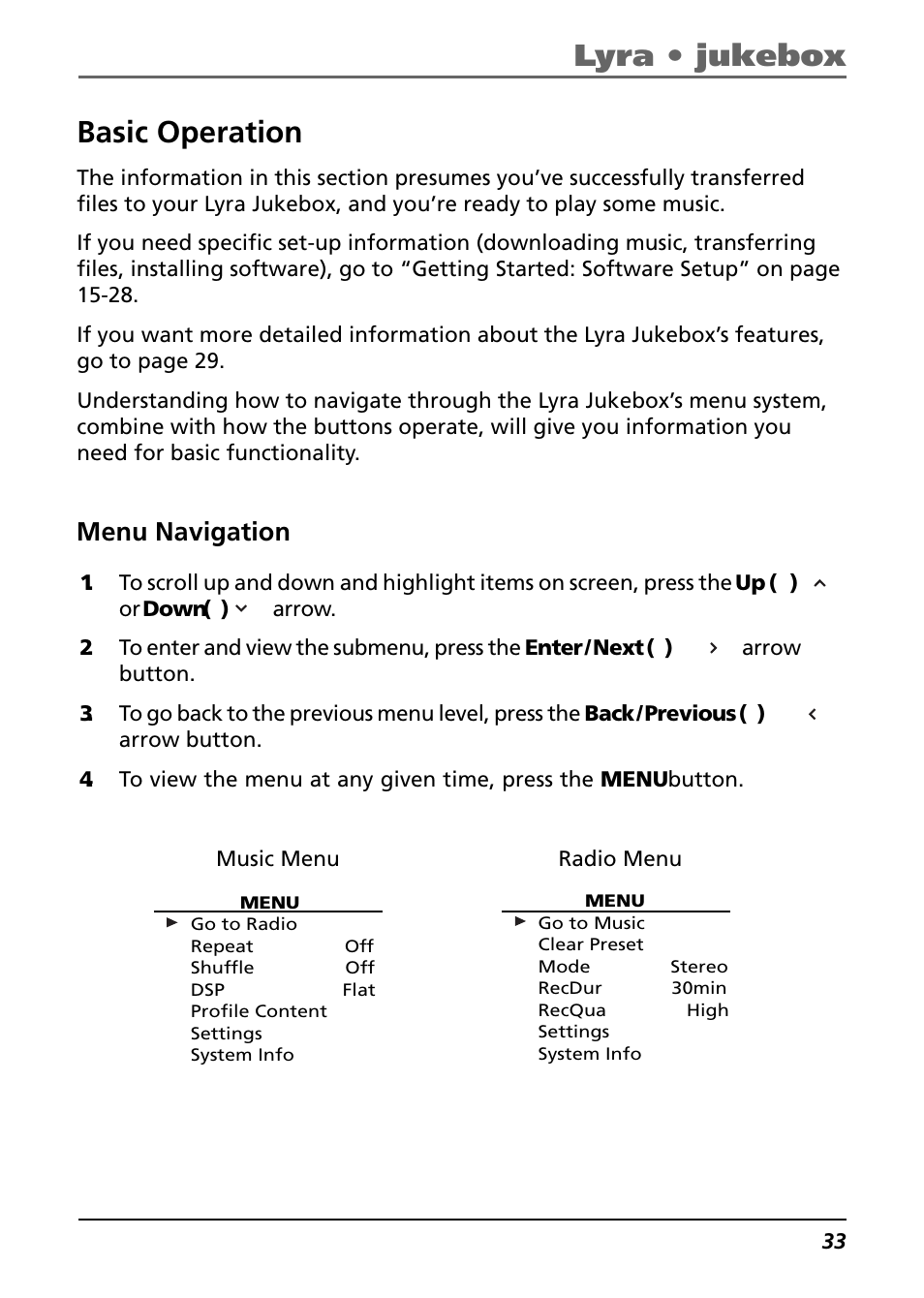 Menu navigation, Basic operation, Lyra • jukebox | Technicolor - Thomson Thomson Lyra PDP2842 User Manual | Page 33 / 75