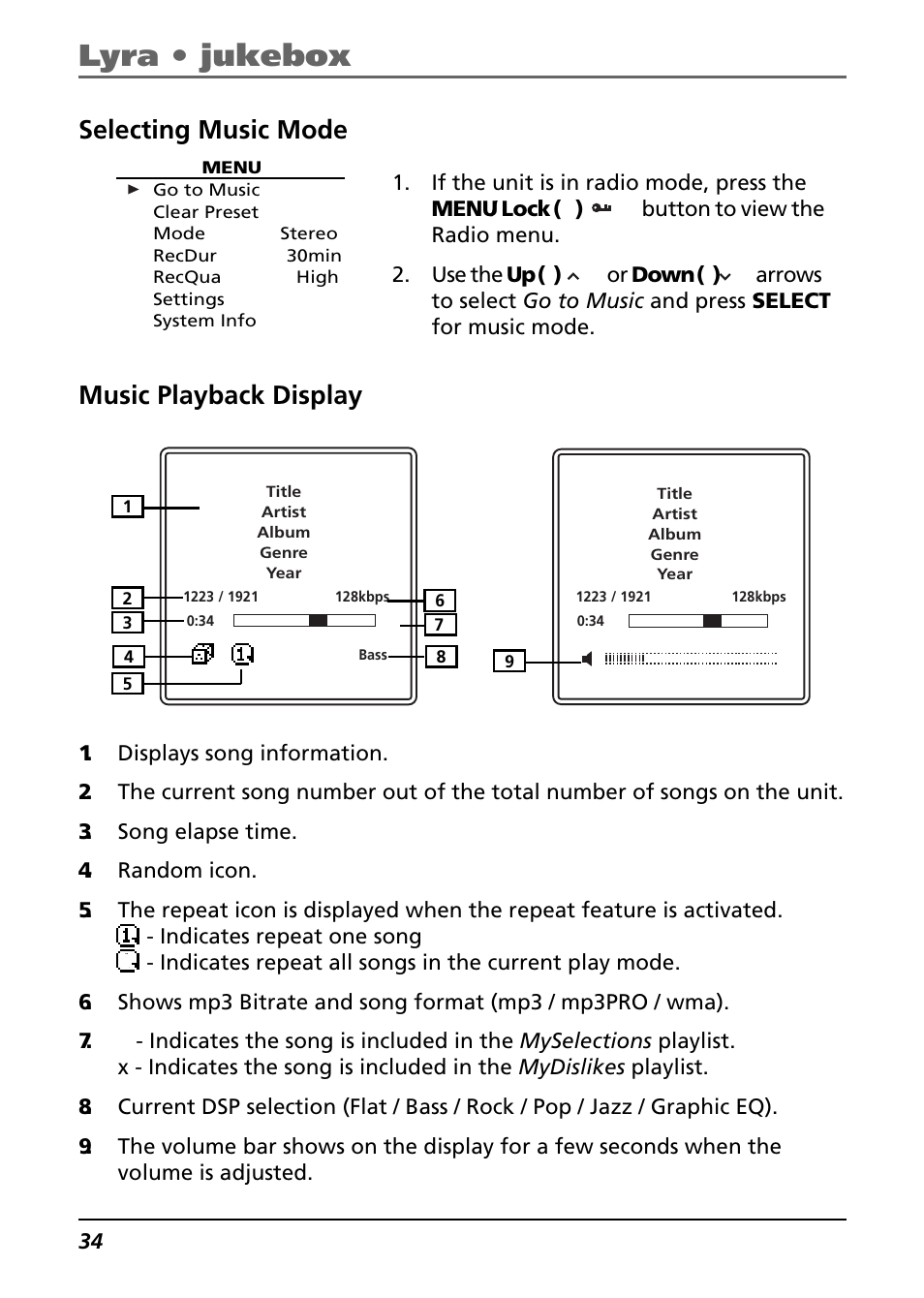 Selecting music mode, Music playback display, Lyra • jukebox | Technicolor - Thomson Thomson Lyra PDP2842 User Manual | Page 34 / 75