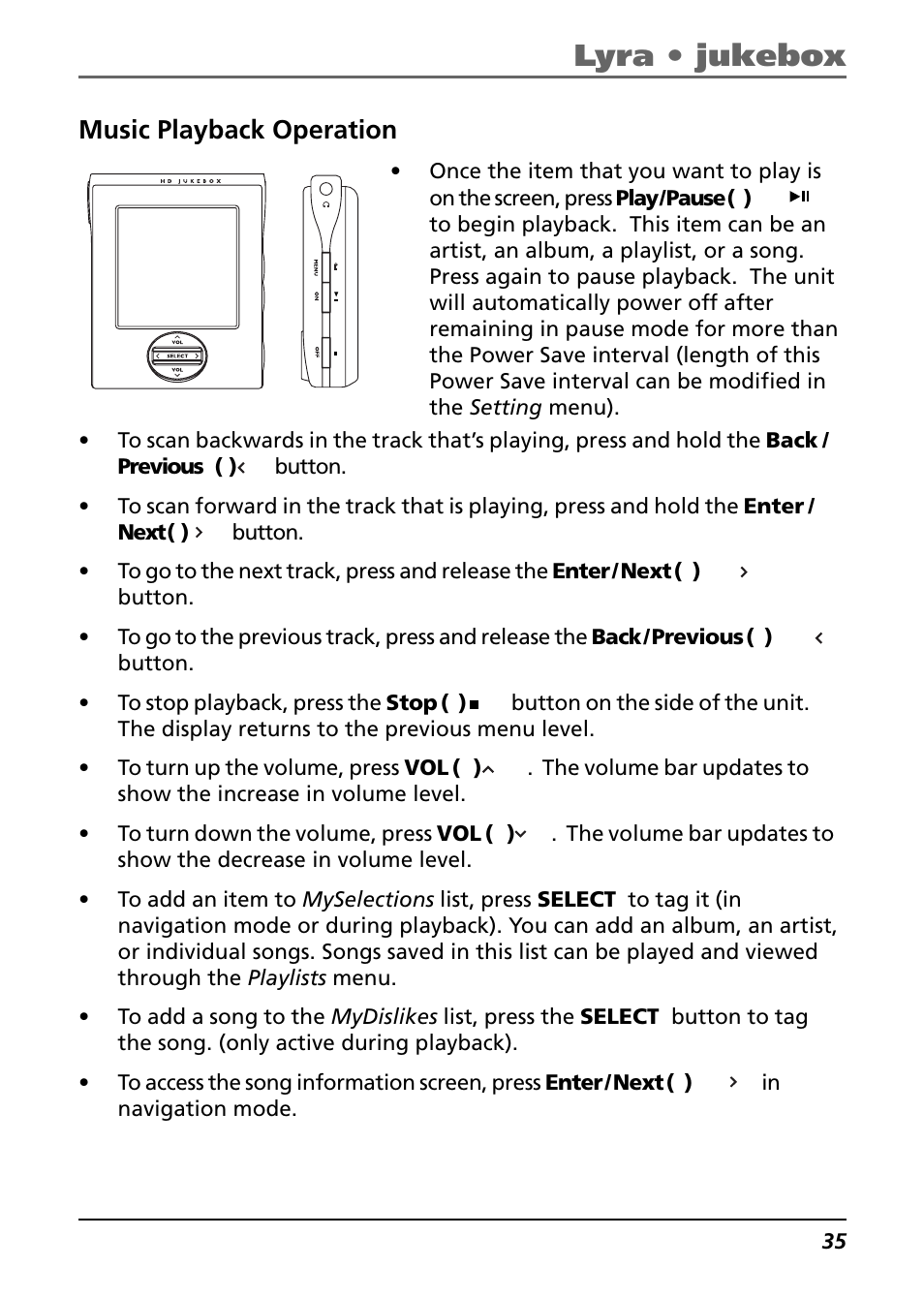 Music playback operation, Lyra • jukebox | Technicolor - Thomson Thomson Lyra PDP2842 User Manual | Page 35 / 75