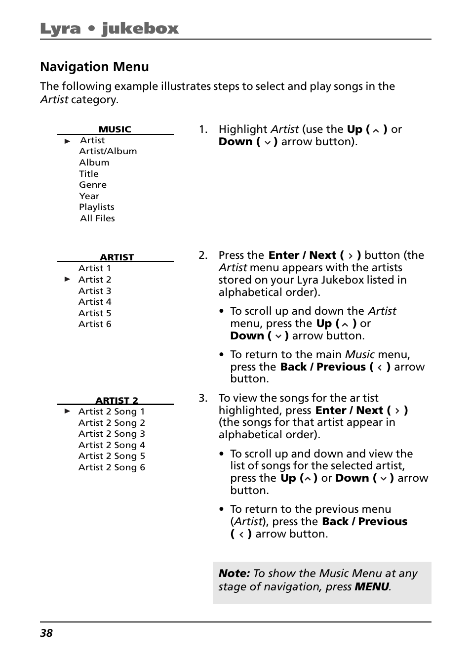 Navigation menu, Lyra • jukebox | Technicolor - Thomson Thomson Lyra PDP2842 User Manual | Page 38 / 75