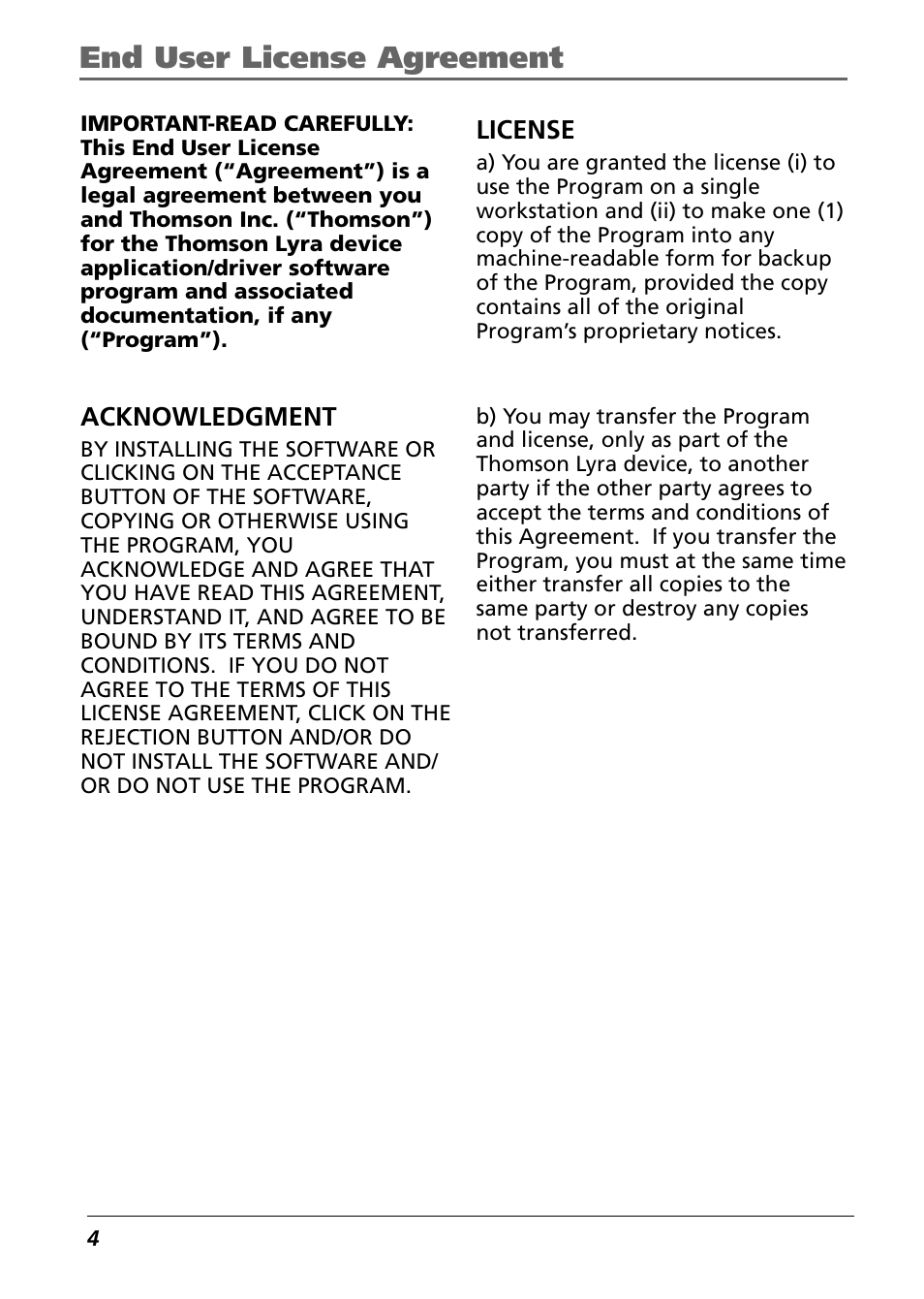 End user license agreement | Technicolor - Thomson Thomson Lyra PDP2842 User Manual | Page 4 / 75
