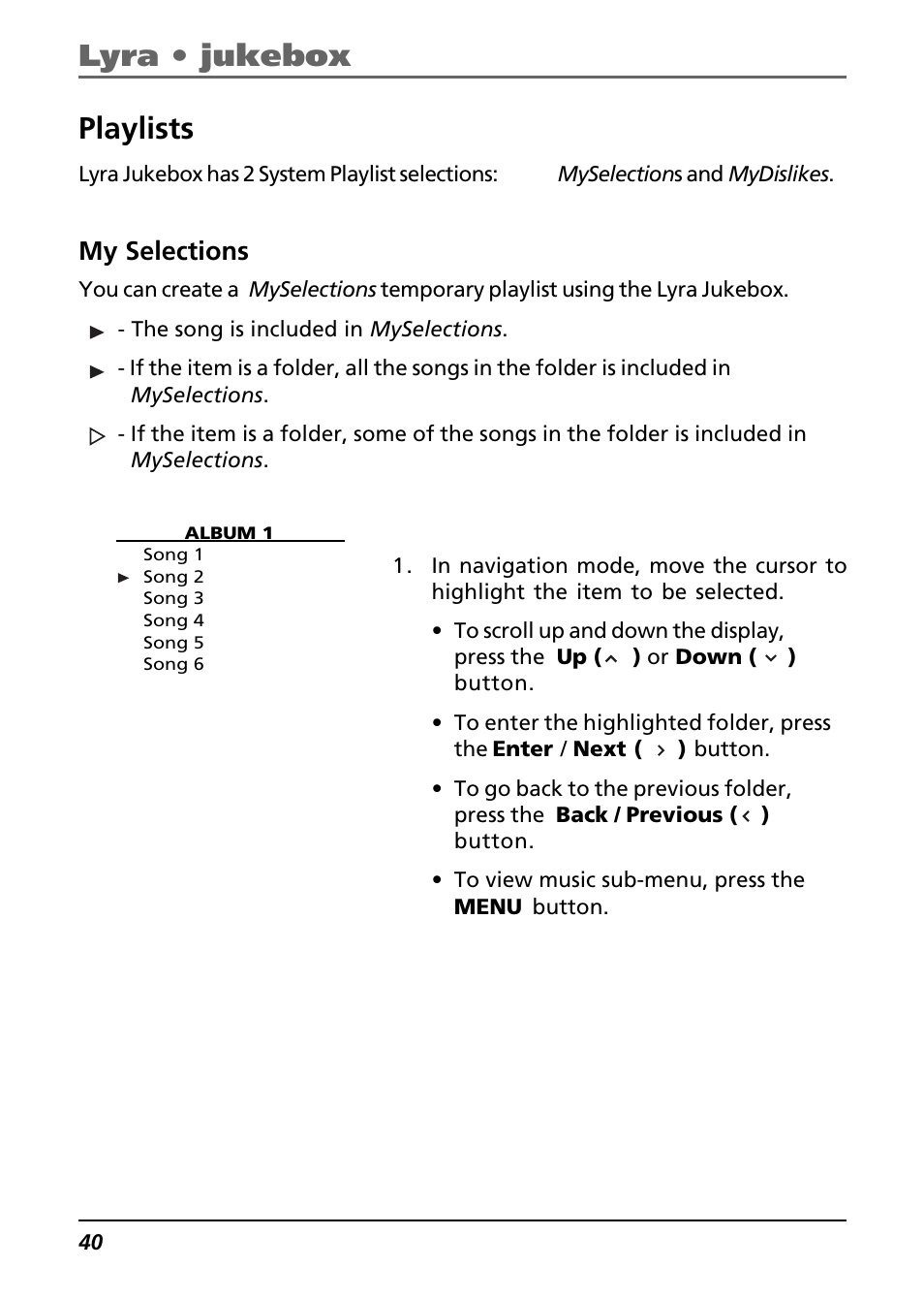 Playlists, My selections, Lyra • jukebox | Technicolor - Thomson Thomson Lyra PDP2842 User Manual | Page 40 / 75