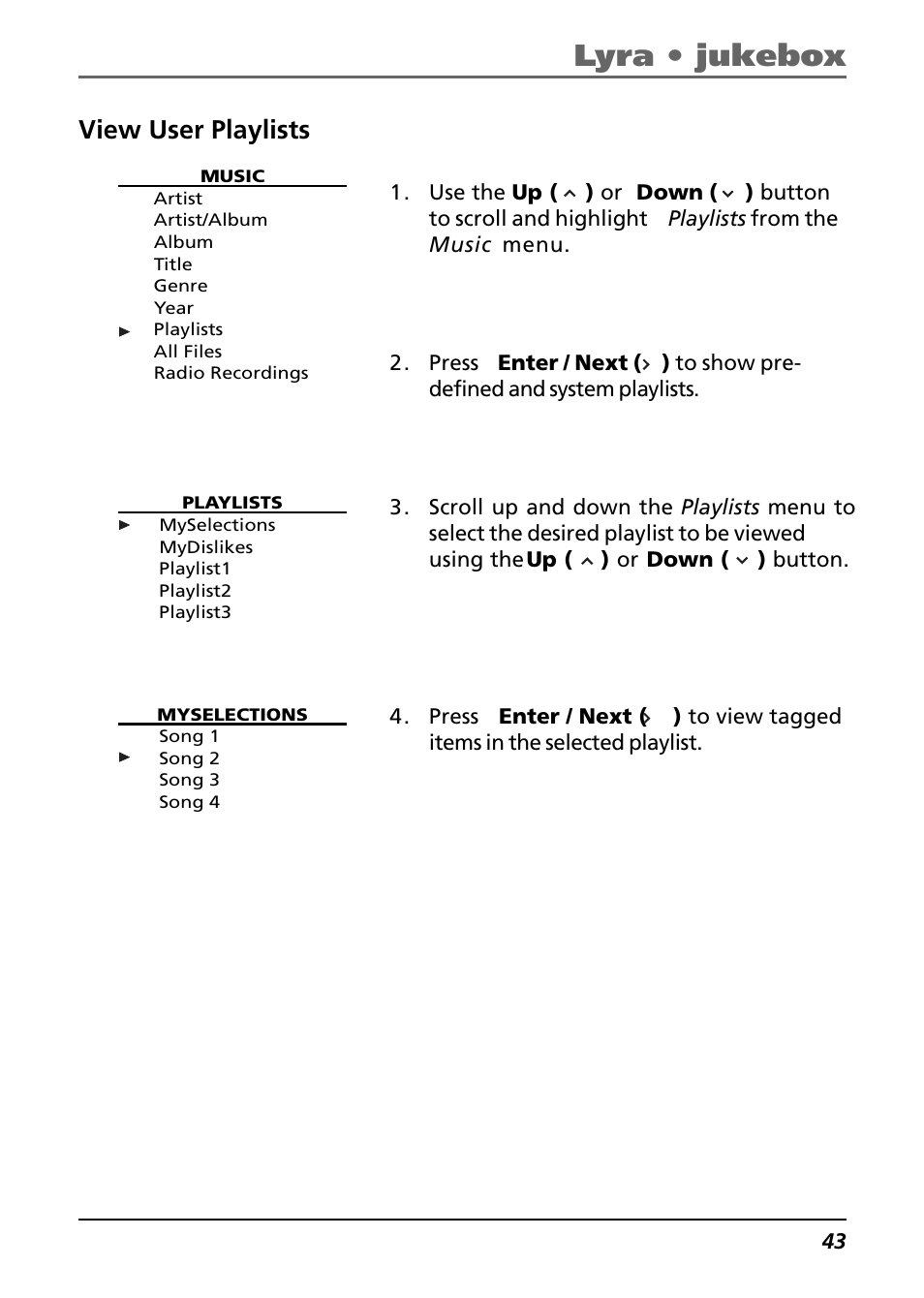 View user playlists, Lyra • jukebox | Technicolor - Thomson Thomson Lyra PDP2842 User Manual | Page 43 / 75