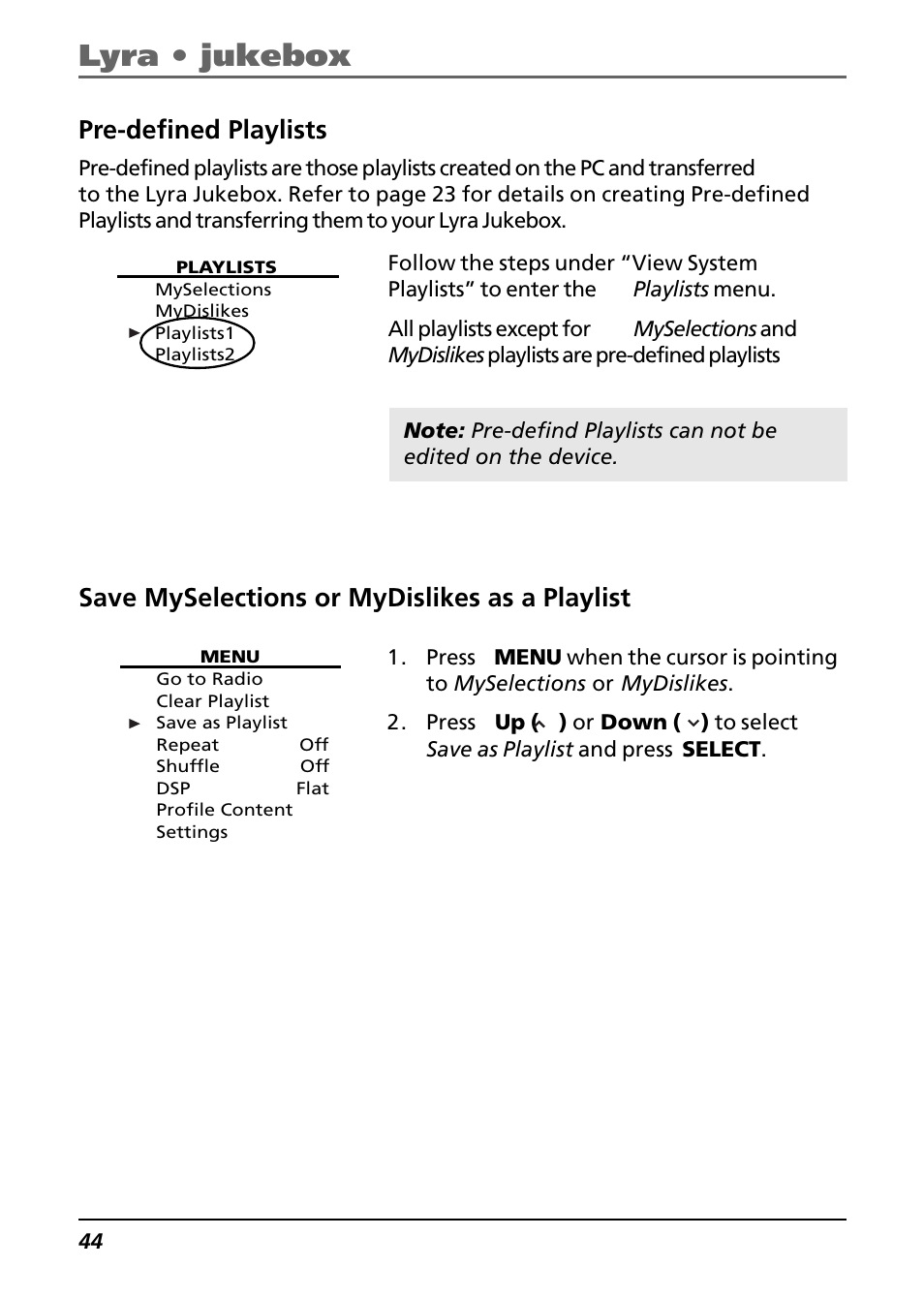 Pre-defined playlists, Save myselections or mydislikes as a playlist, Lyra • jukebox | Technicolor - Thomson Thomson Lyra PDP2842 User Manual | Page 44 / 75