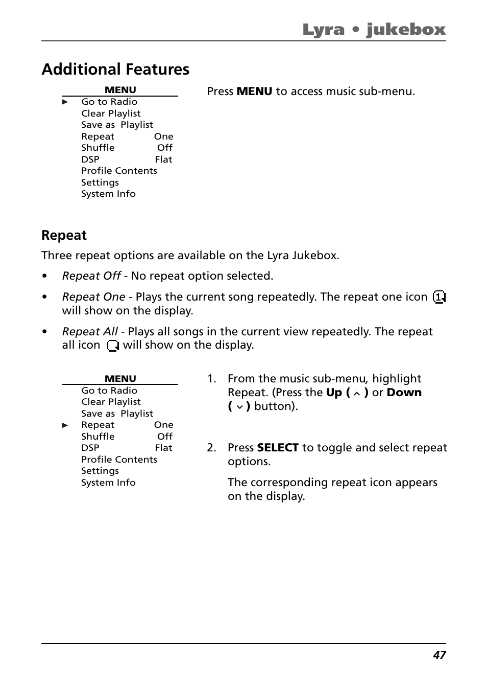 Additional features, Repeat, Lyra • jukebox | Technicolor - Thomson Thomson Lyra PDP2842 User Manual | Page 47 / 75