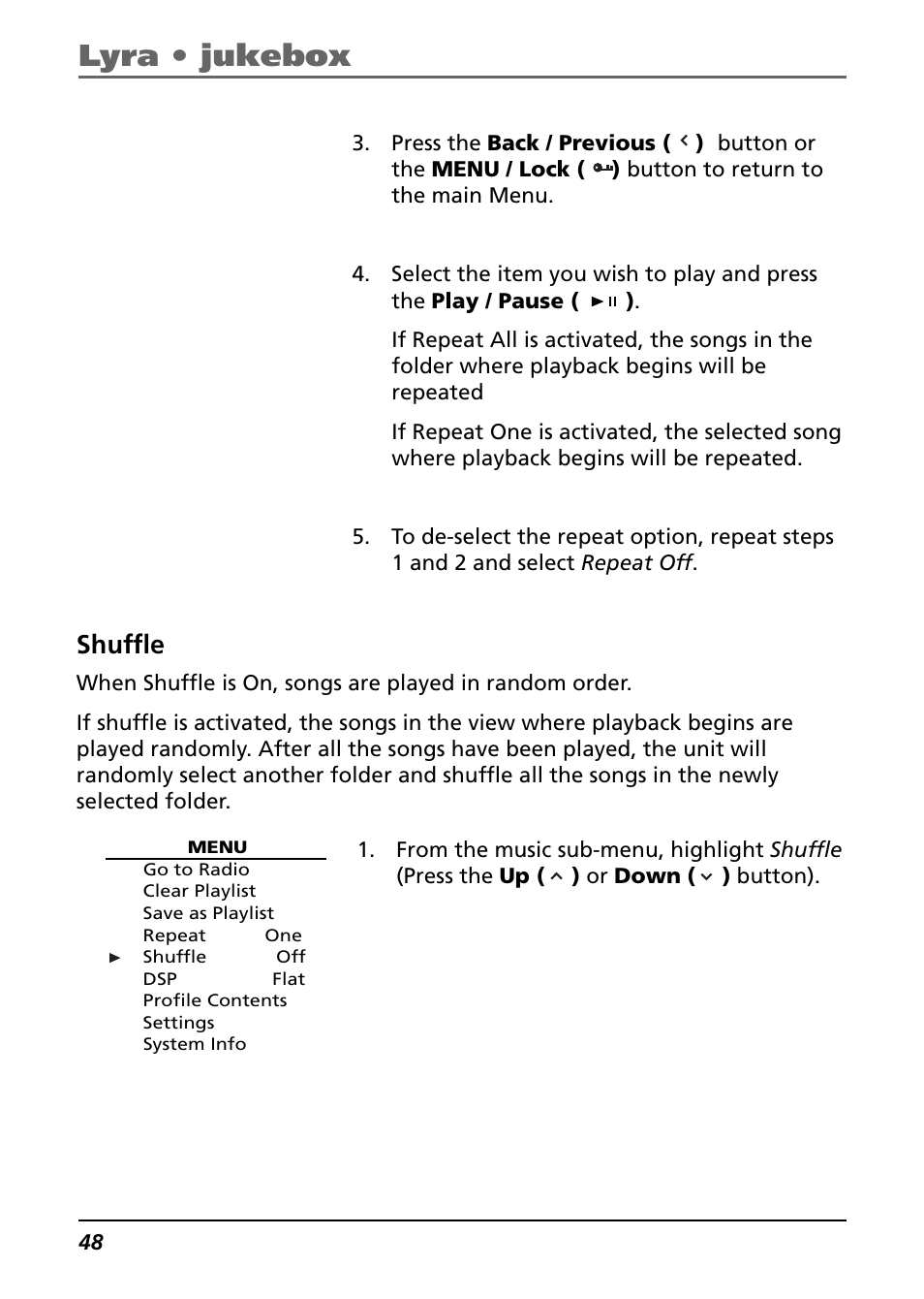 Shuffle, Lyra • jukebox | Technicolor - Thomson Thomson Lyra PDP2842 User Manual | Page 48 / 75