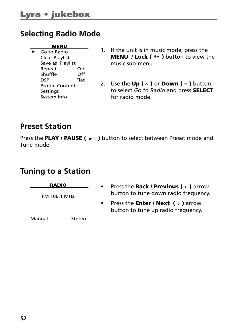 Selecting radio mode, Preset station, Tuning to a station | Lyra • jukebox | Technicolor - Thomson Thomson Lyra PDP2842 User Manual | Page 52 / 75