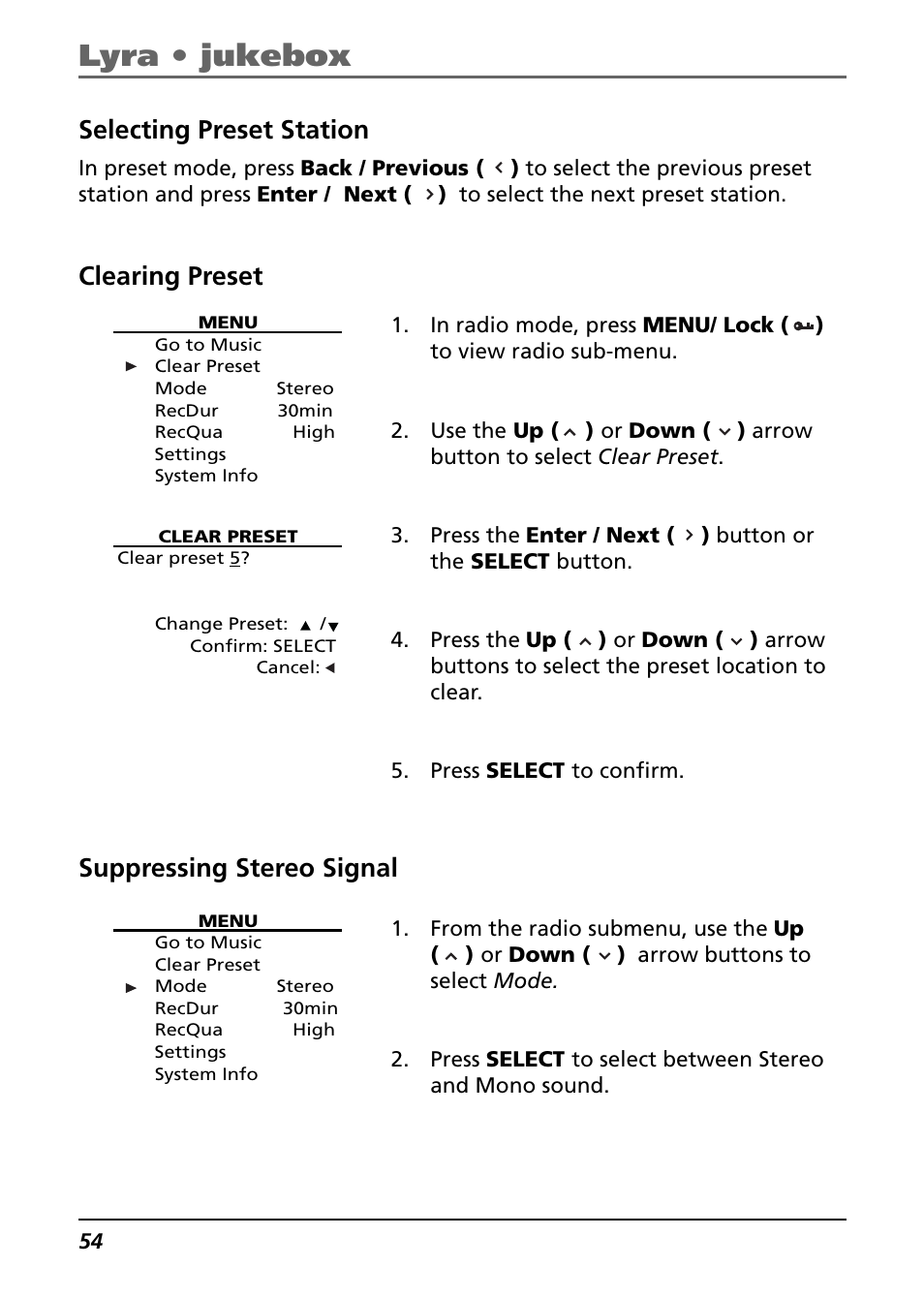 Selecting preset station, Clearing preset, Suppressing stereo signal | Lyra • jukebox | Technicolor - Thomson Thomson Lyra PDP2842 User Manual | Page 54 / 75