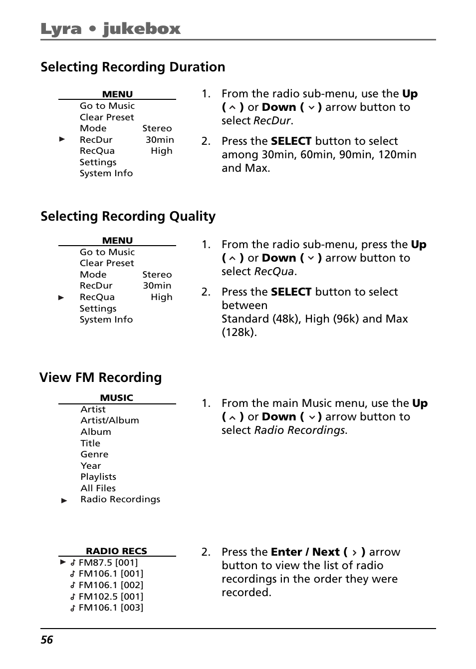 View fm recording, Selecting recording duration, Selecting recording quality | Lyra • jukebox | Technicolor - Thomson Thomson Lyra PDP2842 User Manual | Page 56 / 75