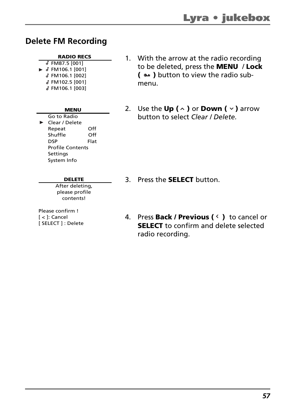 Delete fm recording, Lyra • jukebox | Technicolor - Thomson Thomson Lyra PDP2842 User Manual | Page 57 / 75