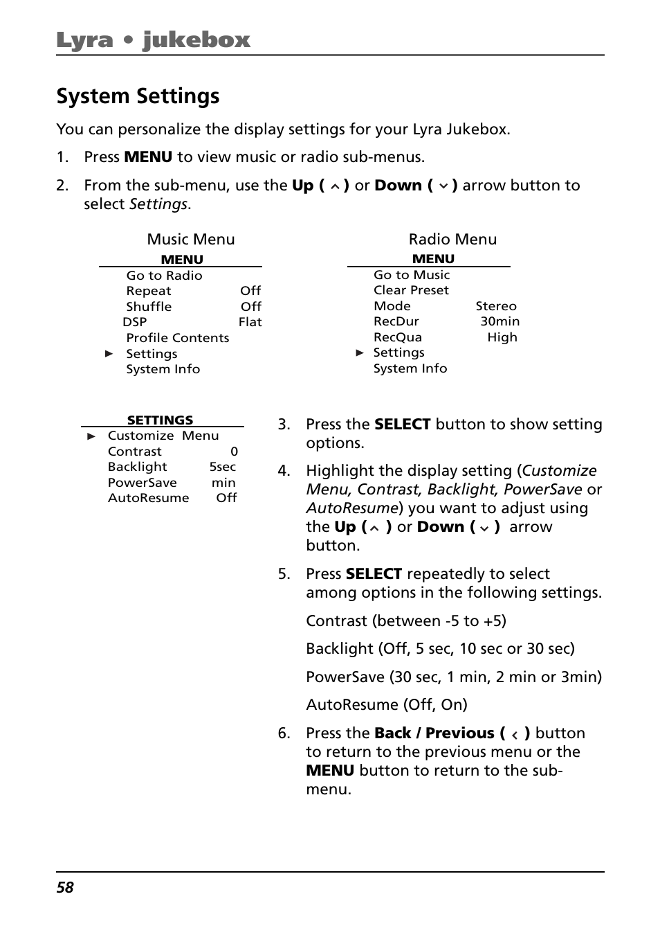 System settings, Lyra • jukebox | Technicolor - Thomson Thomson Lyra PDP2842 User Manual | Page 58 / 75