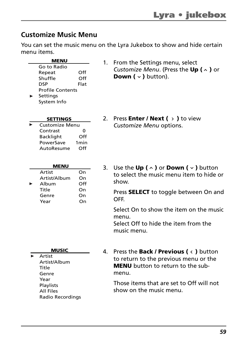 Customize music menu, Lyra • jukebox | Technicolor - Thomson Thomson Lyra PDP2842 User Manual | Page 59 / 75