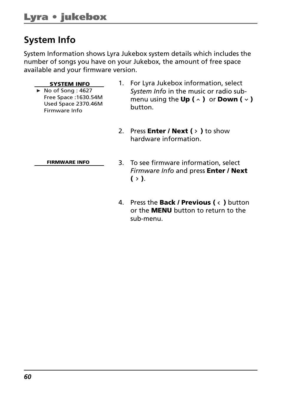 System info, Lyra • jukebox | Technicolor - Thomson Thomson Lyra PDP2842 User Manual | Page 60 / 75