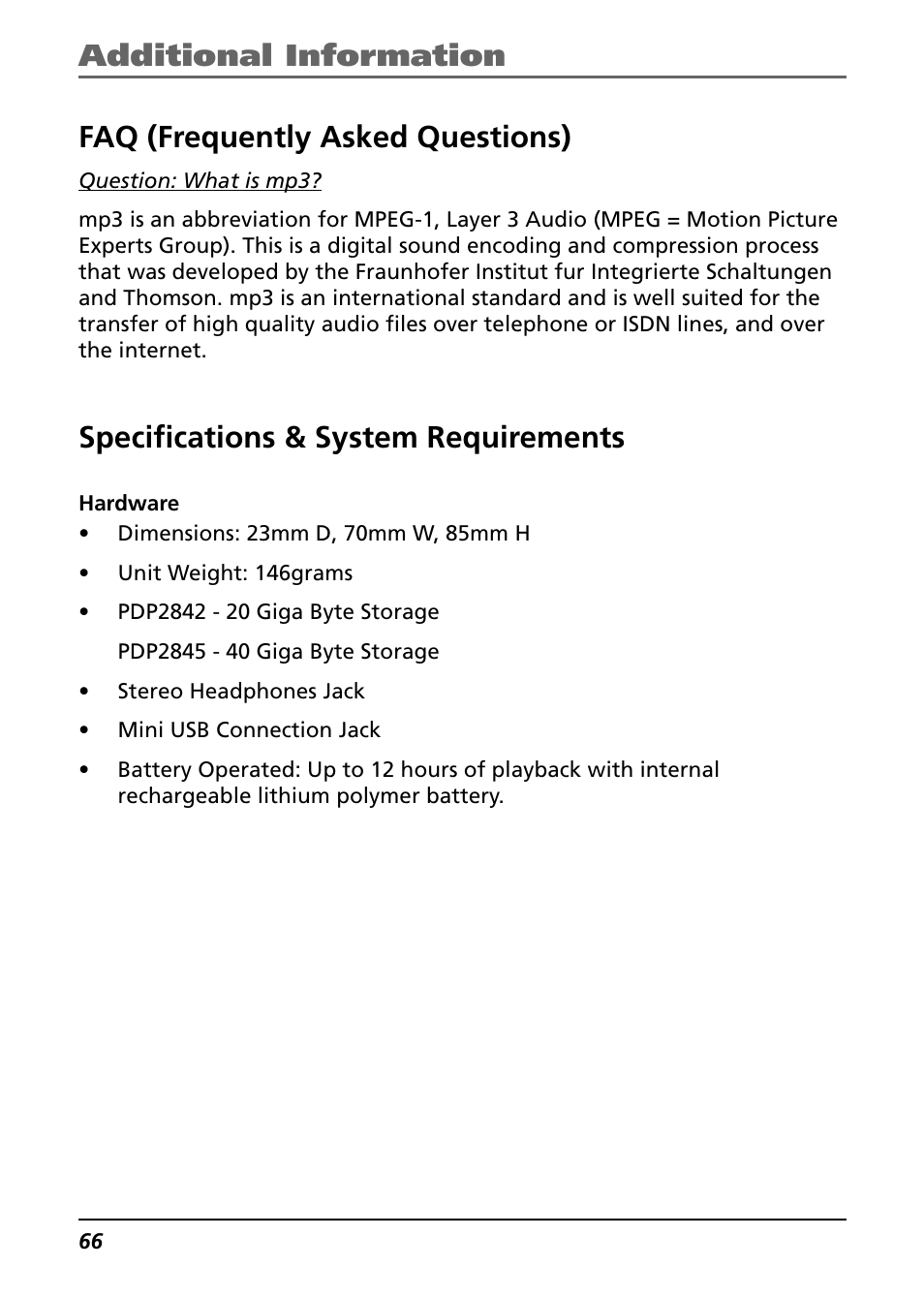Faq (frequently asked questions), Specifications & system requirements, Hardware | Technicolor - Thomson Thomson Lyra PDP2842 User Manual | Page 66 / 75