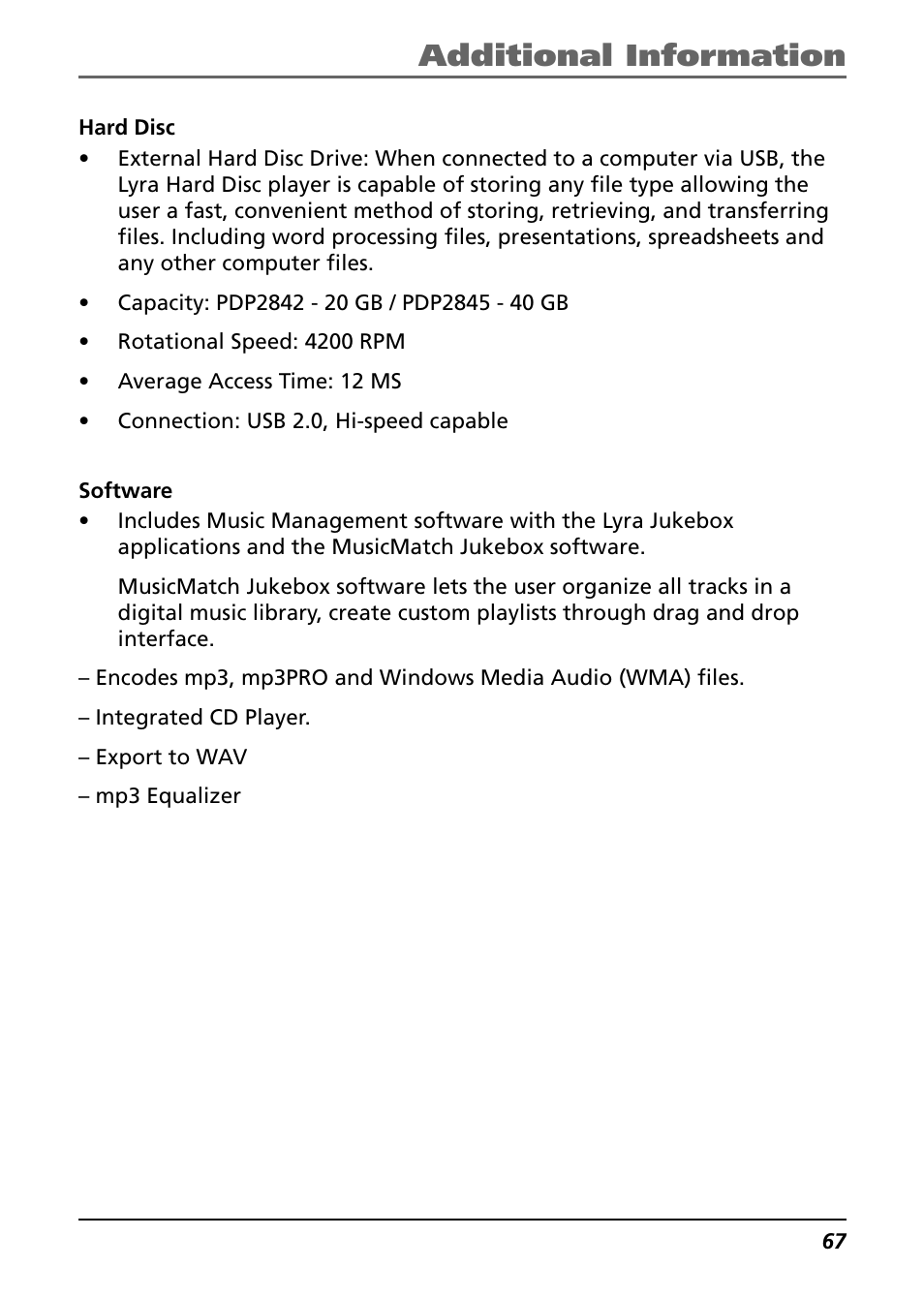 Hard disc, Software, Additional information | Technicolor - Thomson Thomson Lyra PDP2842 User Manual | Page 67 / 75