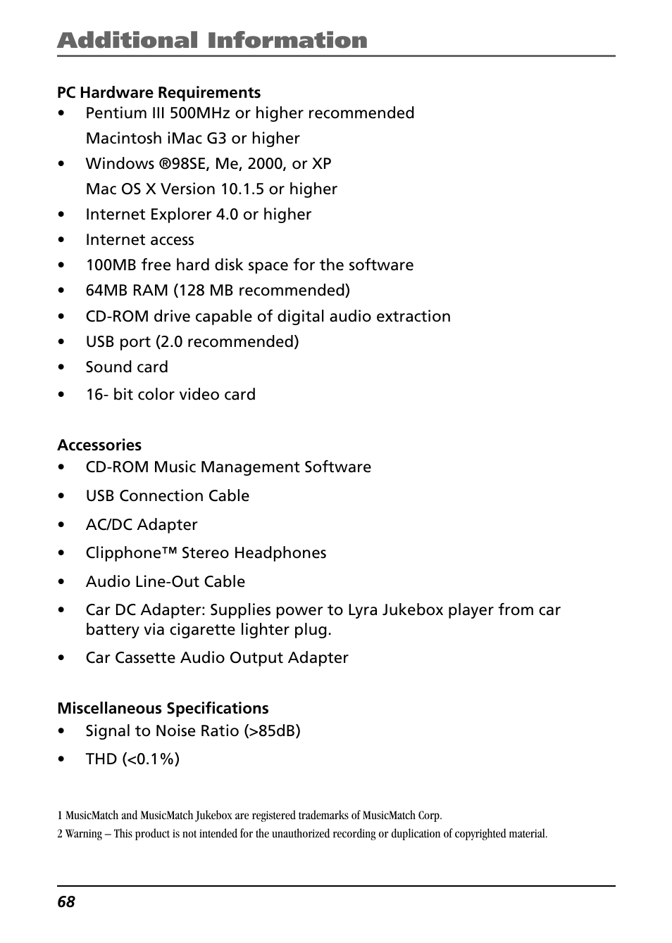Pc hardware requirements, Accessories, Miscellaneous specifications | Additional information | Technicolor - Thomson Thomson Lyra PDP2842 User Manual | Page 68 / 75