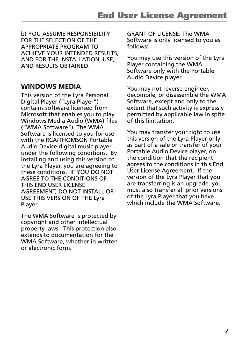 End user license agreement, Windows media | Technicolor - Thomson Thomson Lyra PDP2842 User Manual | Page 7 / 75