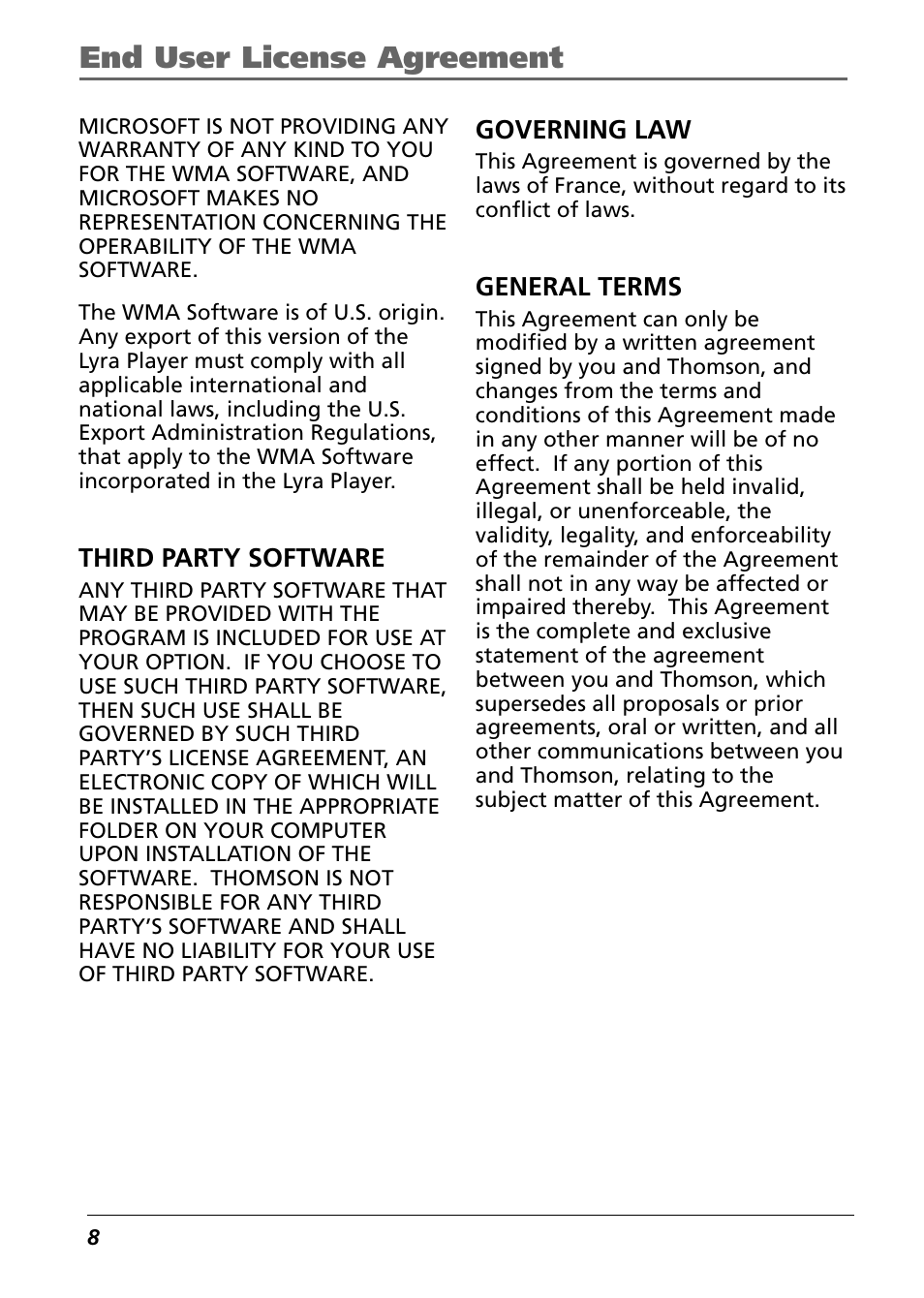 End user license agreement | Technicolor - Thomson Thomson Lyra PDP2842 User Manual | Page 8 / 75