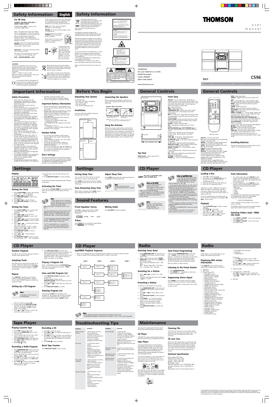 Technicolor - Thomson CS96 User Manual | 1 page