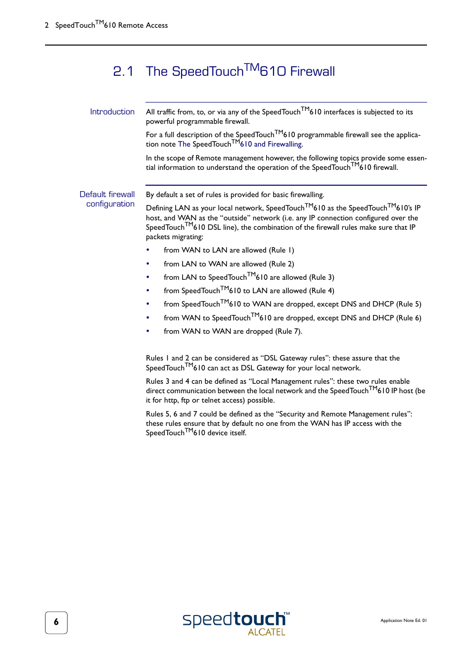 1 the speedtouchtm610 firewall, Introduction, Default firewall configuration | The speedtouch, 1 the speedtouch, 610 firewall | Technicolor - Thomson 610v User Manual | Page 10 / 32