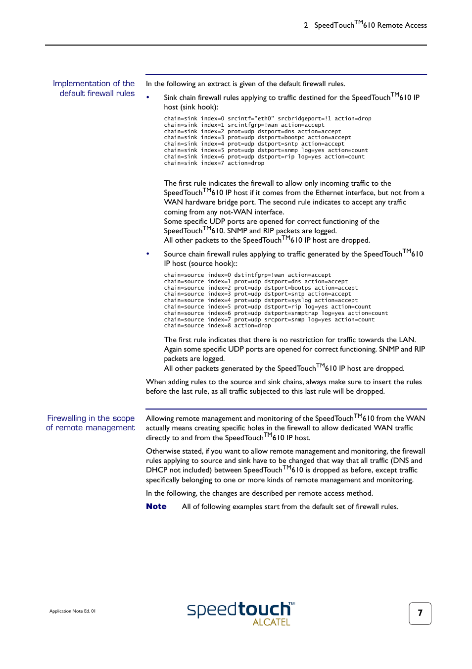 Implementation of the default firewall rules, Firewalling in the scope of remote management | Technicolor - Thomson 610v User Manual | Page 11 / 32