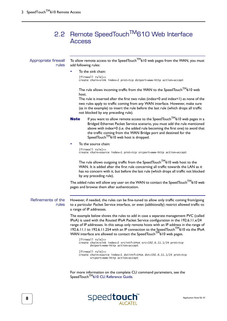 2 remote speedtouchtm610 web interface access, Appropriate firewall rules, Refinements of the rules | Remote speedtouch, 2 remote speedtouch, 610 web interface access | Technicolor - Thomson 610v User Manual | Page 12 / 32