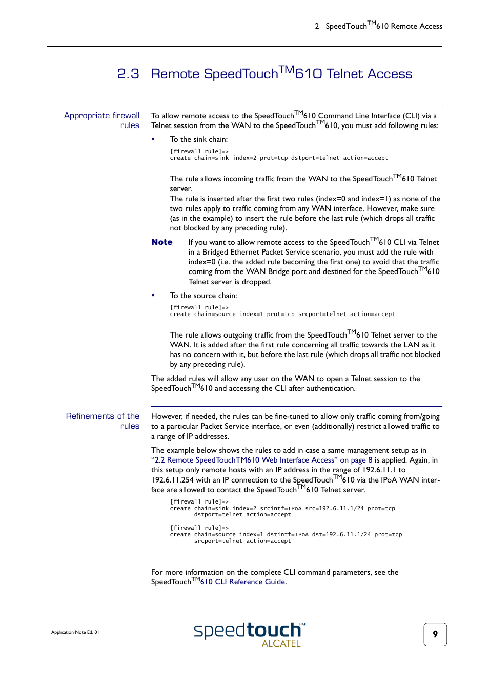 3 remote speedtouchtm610 telnet access, Appropriate firewall rules, Refinements of the rules | Remote speedtouch, 3 remote speedtouch, 610 telnet access | Technicolor - Thomson 610v User Manual | Page 13 / 32