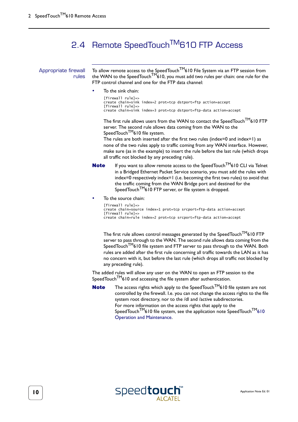 4 remote speedtouchtm610 ftp access, Appropriate firewall rules, Remote speedtouch | 4 remote speedtouch, 610 ftp access | Technicolor - Thomson 610v User Manual | Page 14 / 32