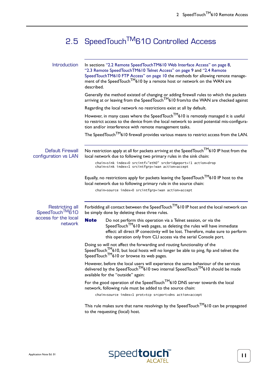 5 speedtouchtm610 controlled access, Introduction, Default firewall configuration vs lan | Speedtouch, 5 speedtouch, 610 controlled access | Technicolor - Thomson 610v User Manual | Page 15 / 32