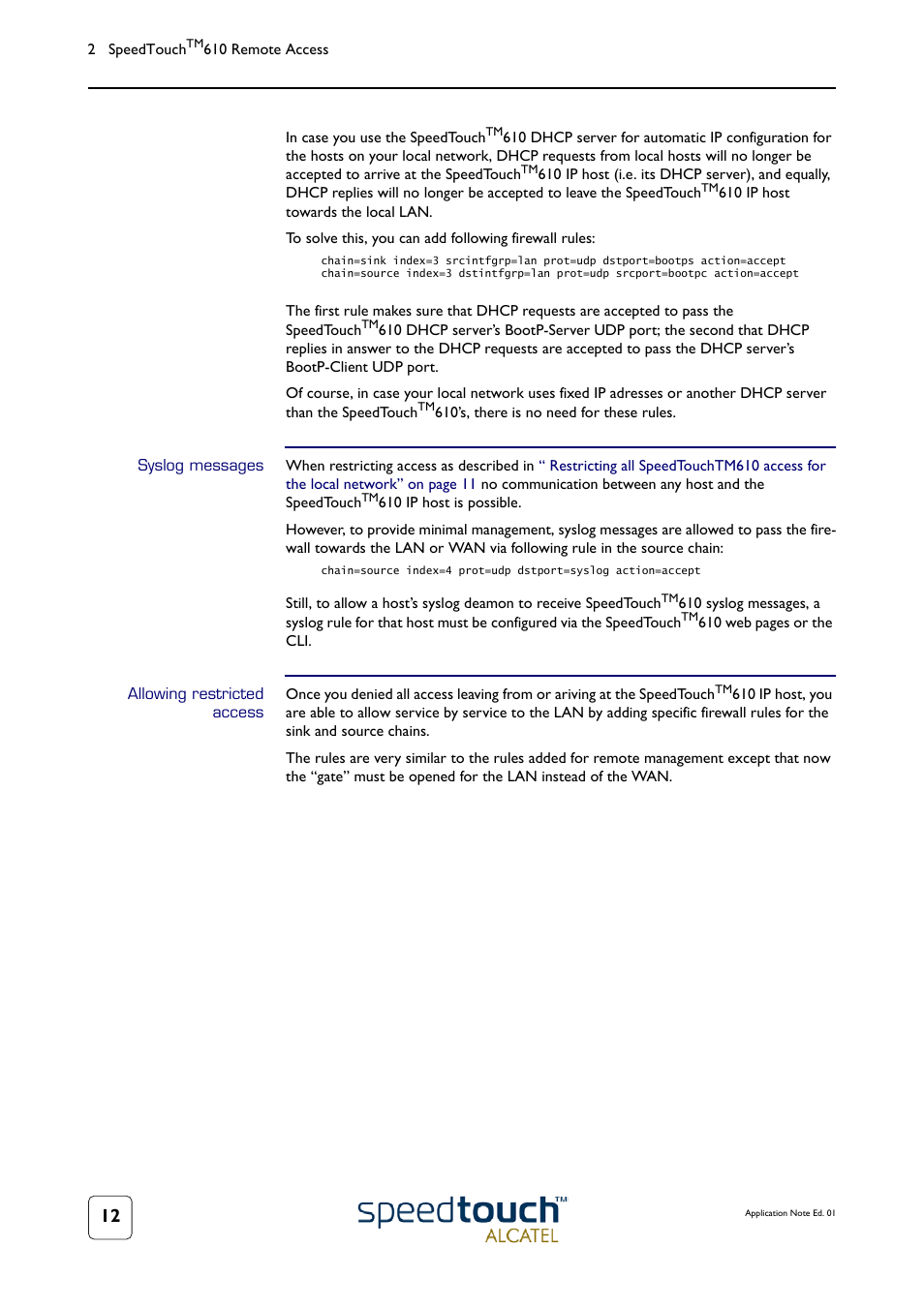 Syslog messages, Allowing restricted access | Technicolor - Thomson 610v User Manual | Page 16 / 32