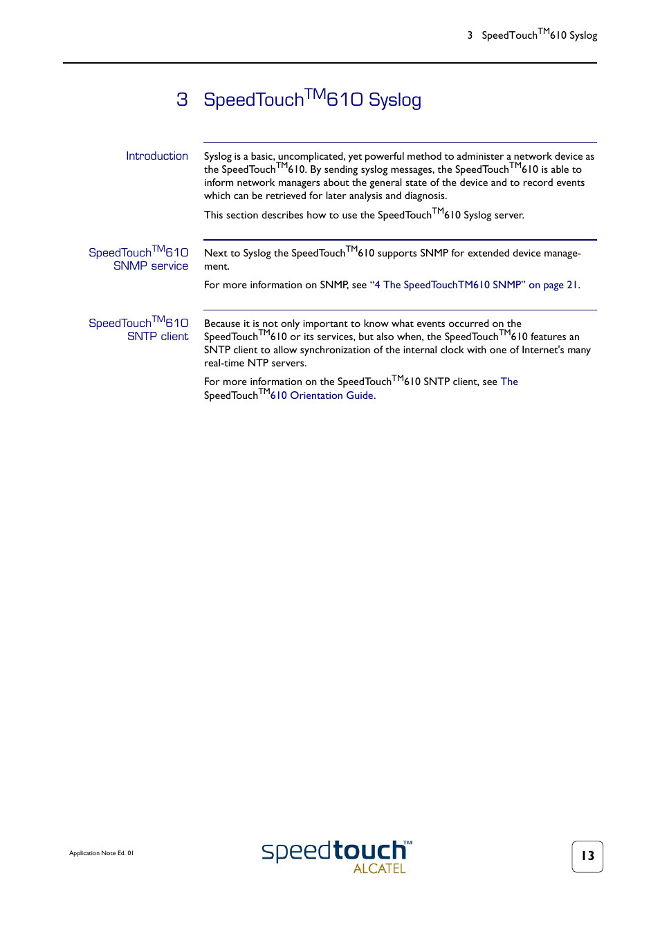 3 speedtouchtm610 syslog, Introduction, Speedtouchtm610 snmp service | Speedtouchtm610 sntp client, Speedtouch, 3 speedtouch, 610 syslog | Technicolor - Thomson 610v User Manual | Page 17 / 32