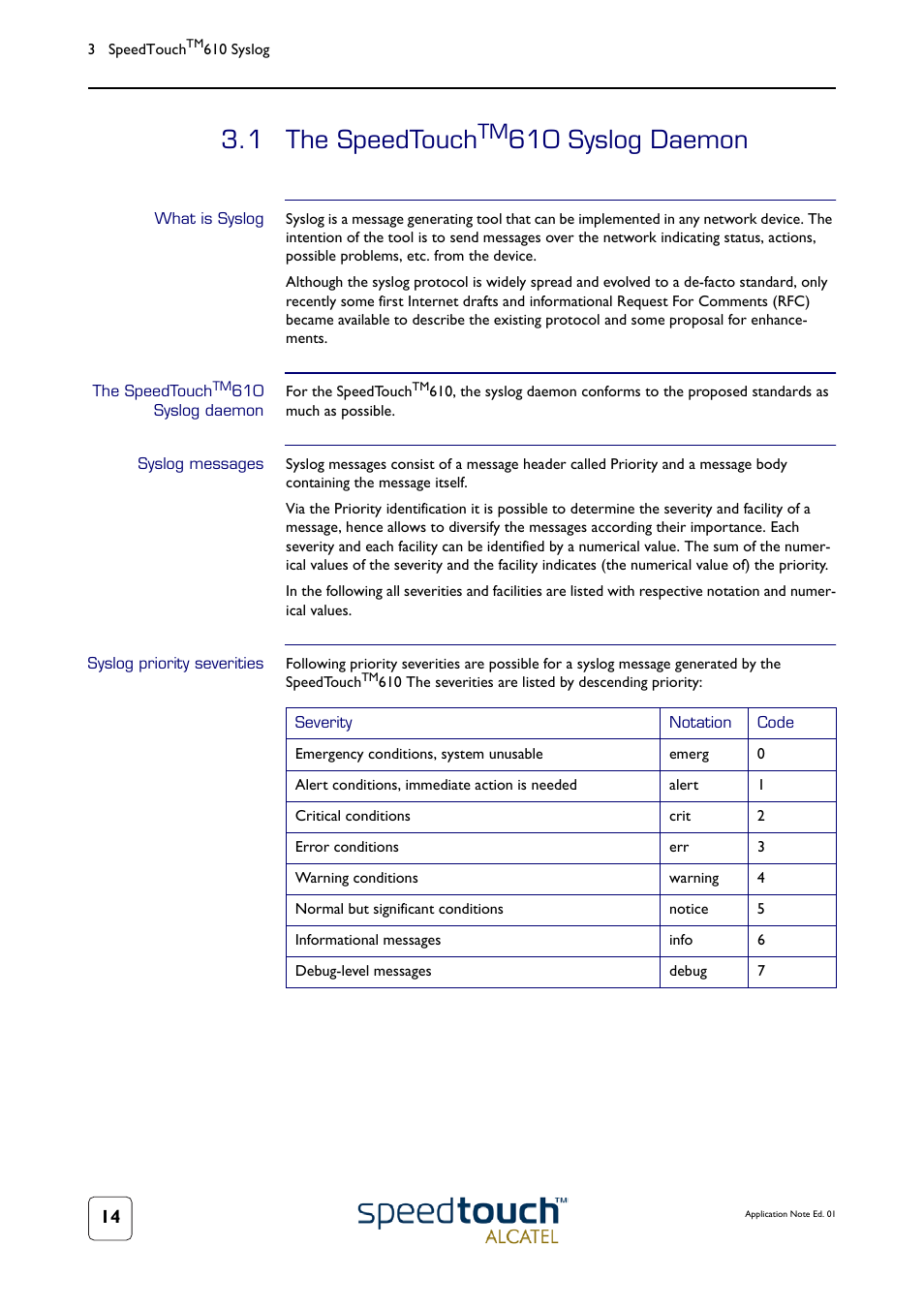 1 the speedtouchtm610 syslog daemon, What is syslog, The speedtouchtm610 syslog daemon | Syslog messages, Syslog priority severities, The speedtouch, 1 the speedtouch, 610 syslog daemon | Technicolor - Thomson 610v User Manual | Page 18 / 32