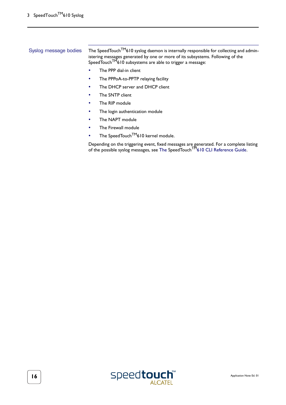 Syslog message bodies | Technicolor - Thomson 610v User Manual | Page 20 / 32