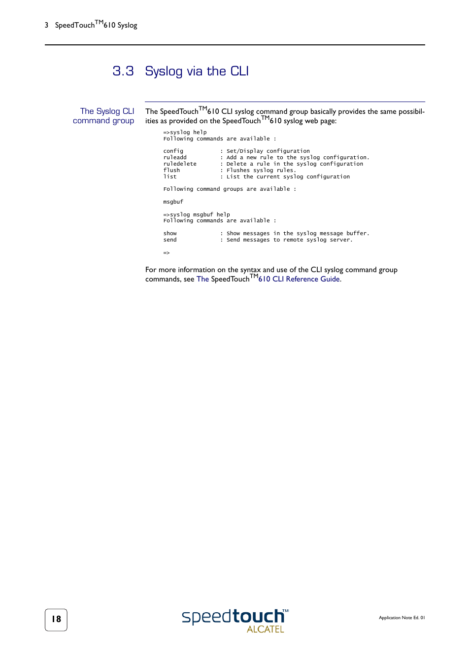 3 syslog via the cli, The syslog cli command group, Syslog via the cli | Technicolor - Thomson 610v User Manual | Page 22 / 32