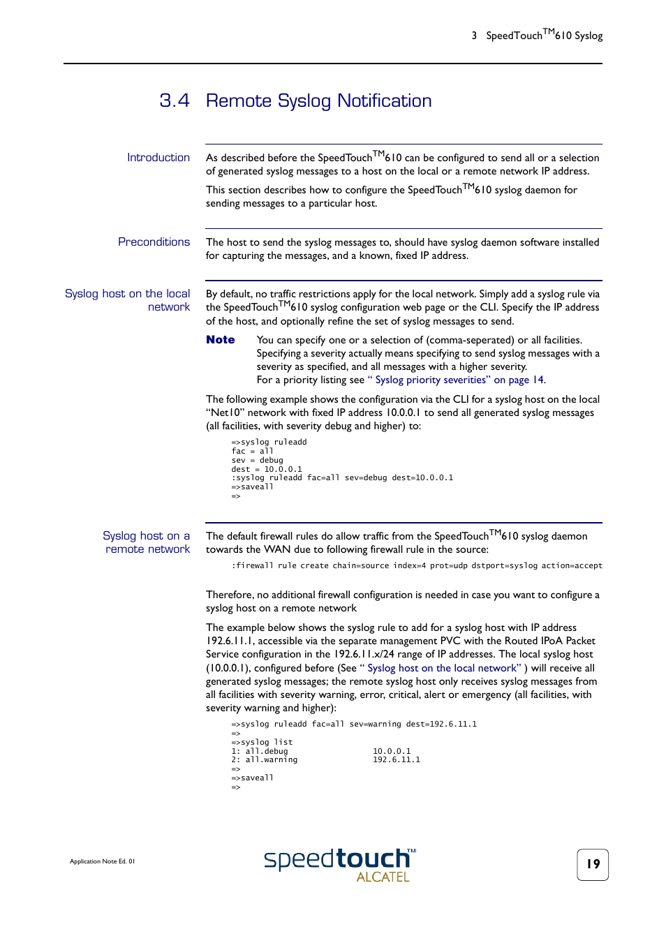 4 remote syslog notification, Introduction, Preconditions | Syslog host on the local network, Syslog host on a remote network, Remote syslog notification | Technicolor - Thomson 610v User Manual | Page 23 / 32