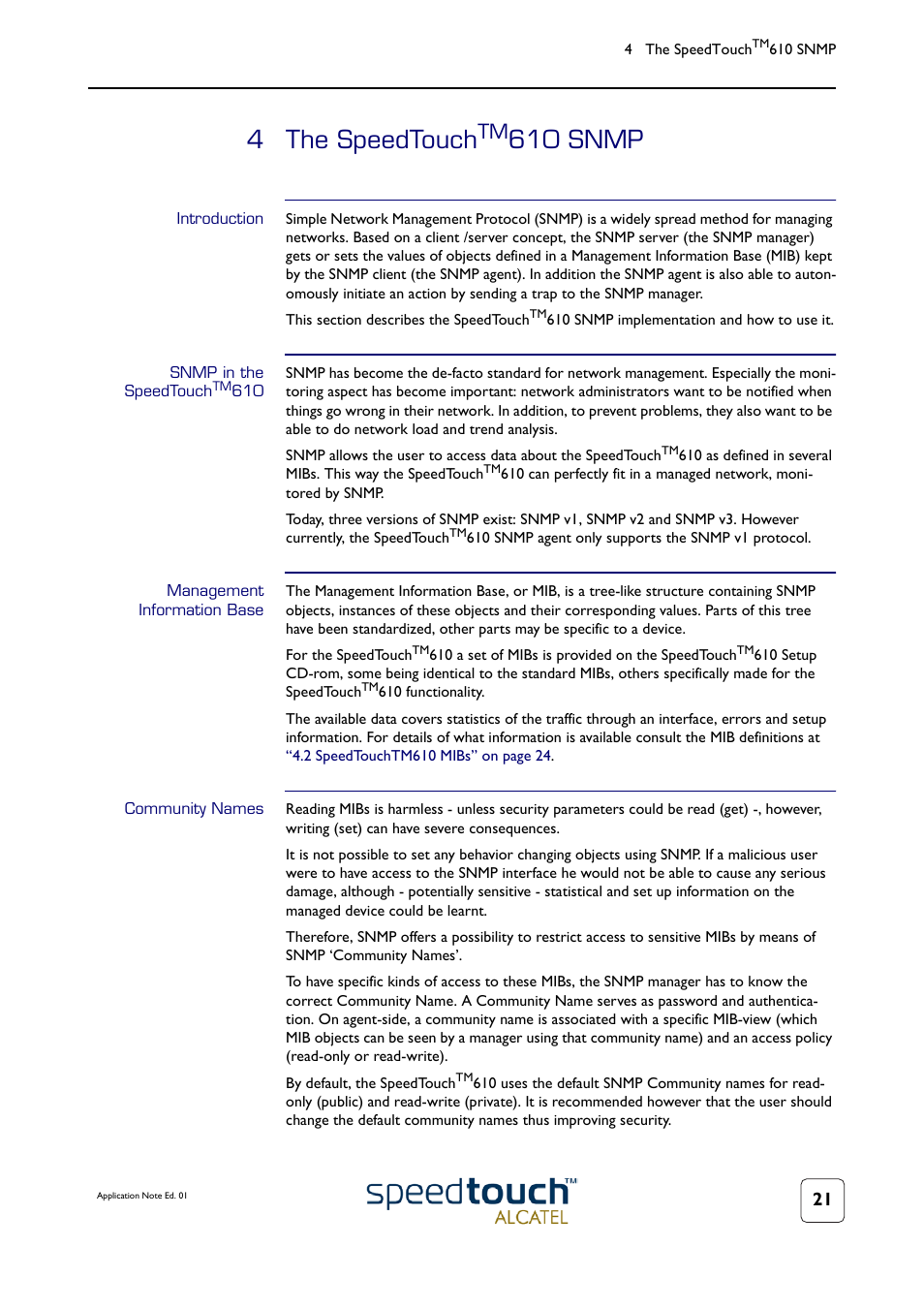4 the speedtouchtm610 snmp, Introduction, Snmp in the speedtouchtm610 | Management information base, Community names, The speedtouch, 4 the speedtouch, 610 snmp | Technicolor - Thomson 610v User Manual | Page 25 / 32