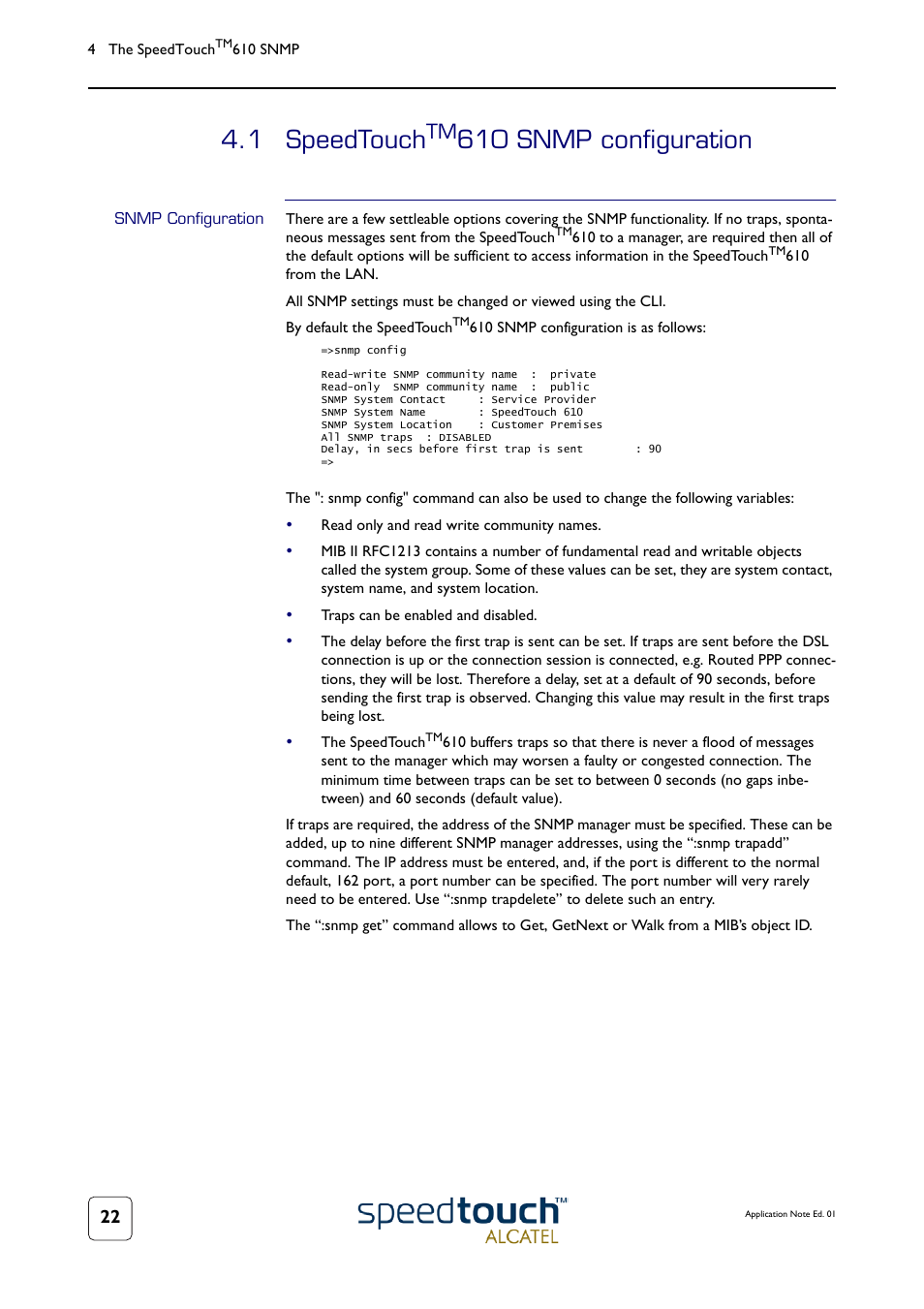 1 speedtouchtm610 snmp configuration, Snmp configuration, Speedtouch | 1 speedtouch, 610 snmp configuration | Technicolor - Thomson 610v User Manual | Page 26 / 32