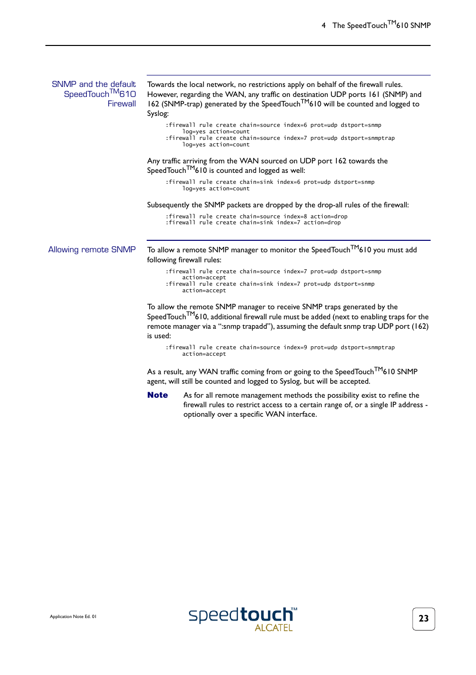 Snmp and the default speedtouchtm610 firewall, Allowing remote snmp | Technicolor - Thomson 610v User Manual | Page 27 / 32