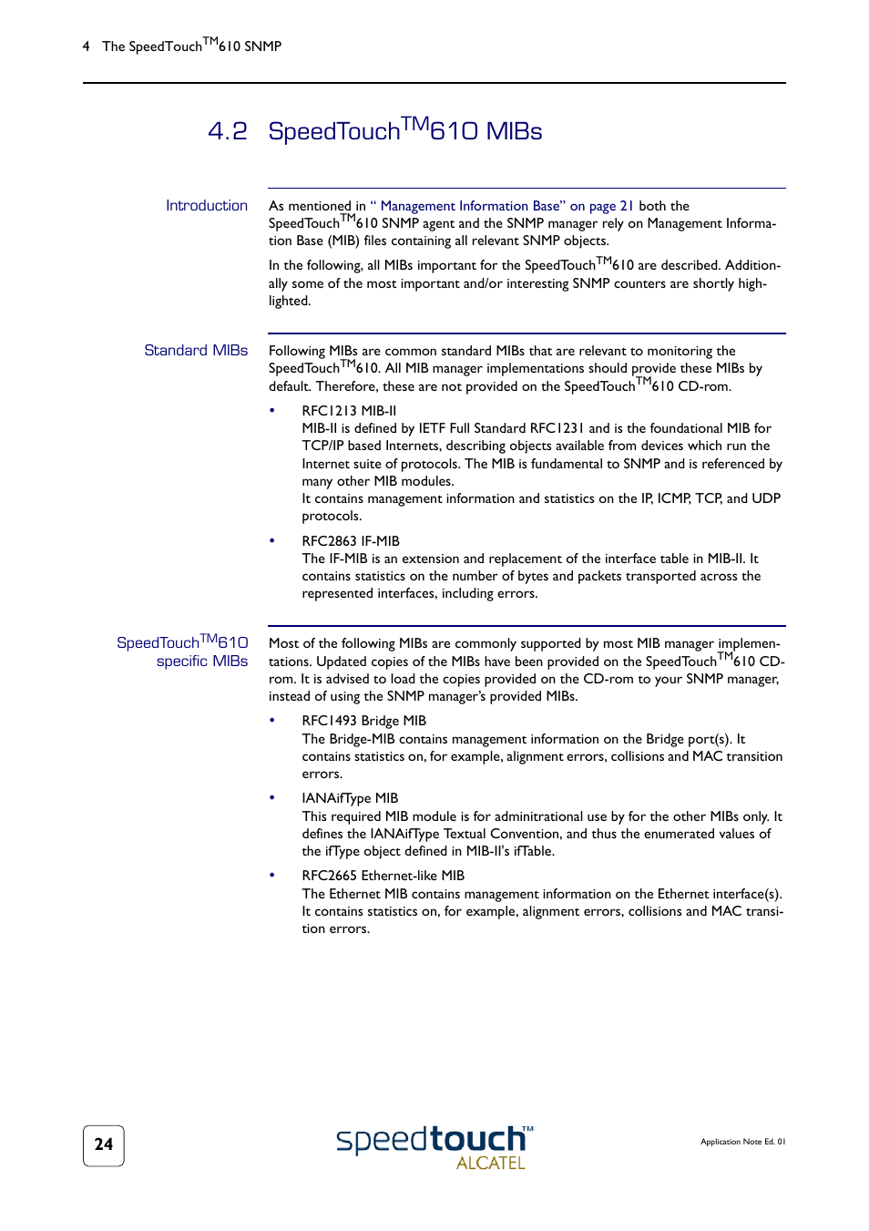 2 speedtouchtm610 mibs, Introduction, Standard mibs | Speedtouchtm610 specific mibs, Speedtouch, 2 speedtouch, 610 mibs | Technicolor - Thomson 610v User Manual | Page 28 / 32