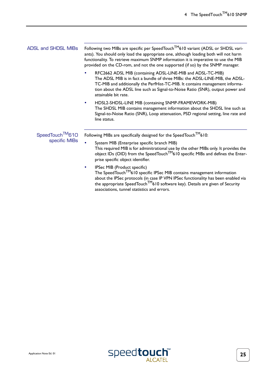 Adsl and shdsl mibs, Speedtouchtm610 specific mibs | Technicolor - Thomson 610v User Manual | Page 29 / 32