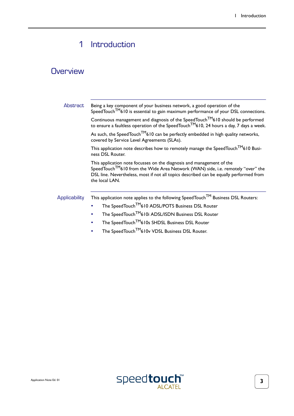 1 introduction, Abstract, Applicability | Introduction, 1 introduction overview | Technicolor - Thomson 610v User Manual | Page 7 / 32