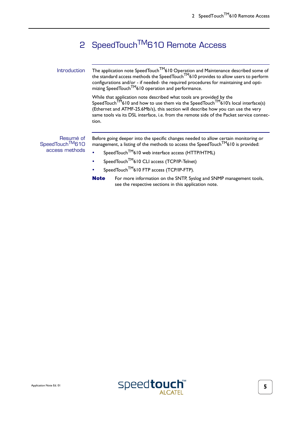 2 speedtouchtm610 remote access, Introduction, Resumé of speedtouchtm610 access methods | Speedtouch, 2 speedtouch, 610 remote access | Technicolor - Thomson 610v User Manual | Page 9 / 32