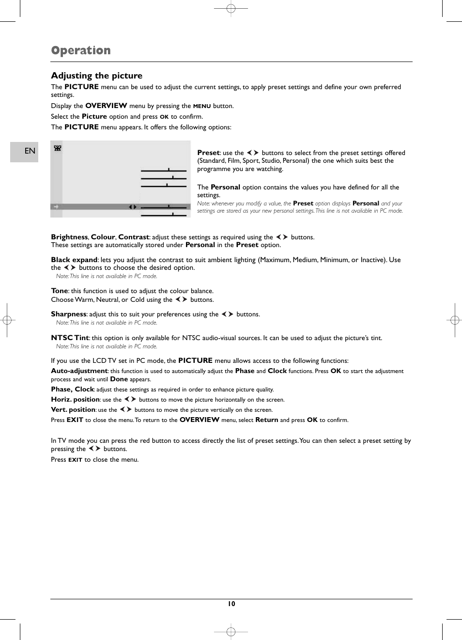 Operation, Adjusting the picture | Technicolor - Thomson EFC030 User Manual | Page 10 / 15