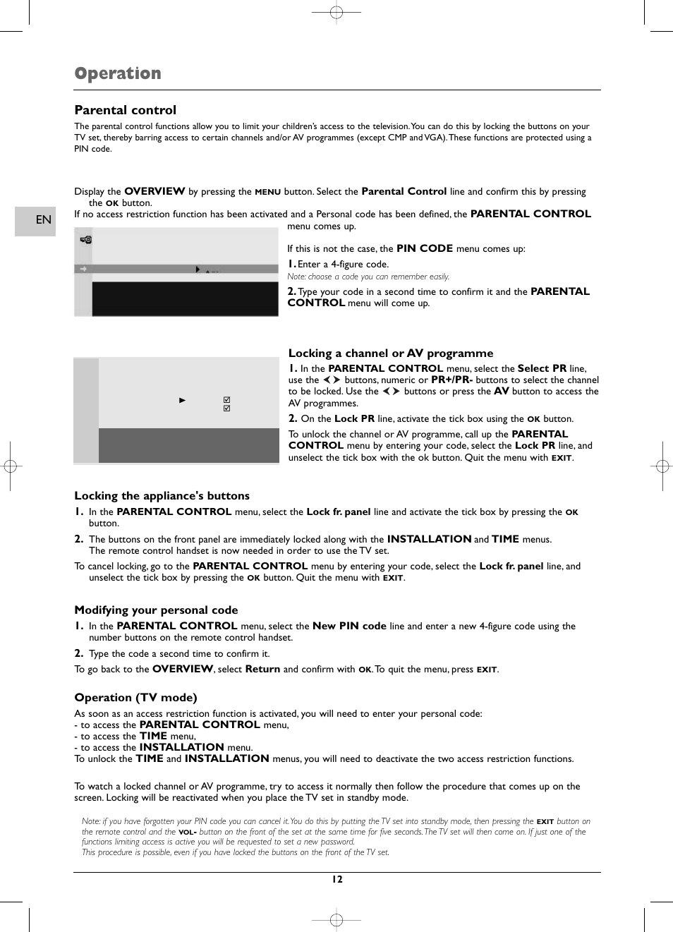 Operation, Parental control | Technicolor - Thomson EFC030 User Manual | Page 12 / 15